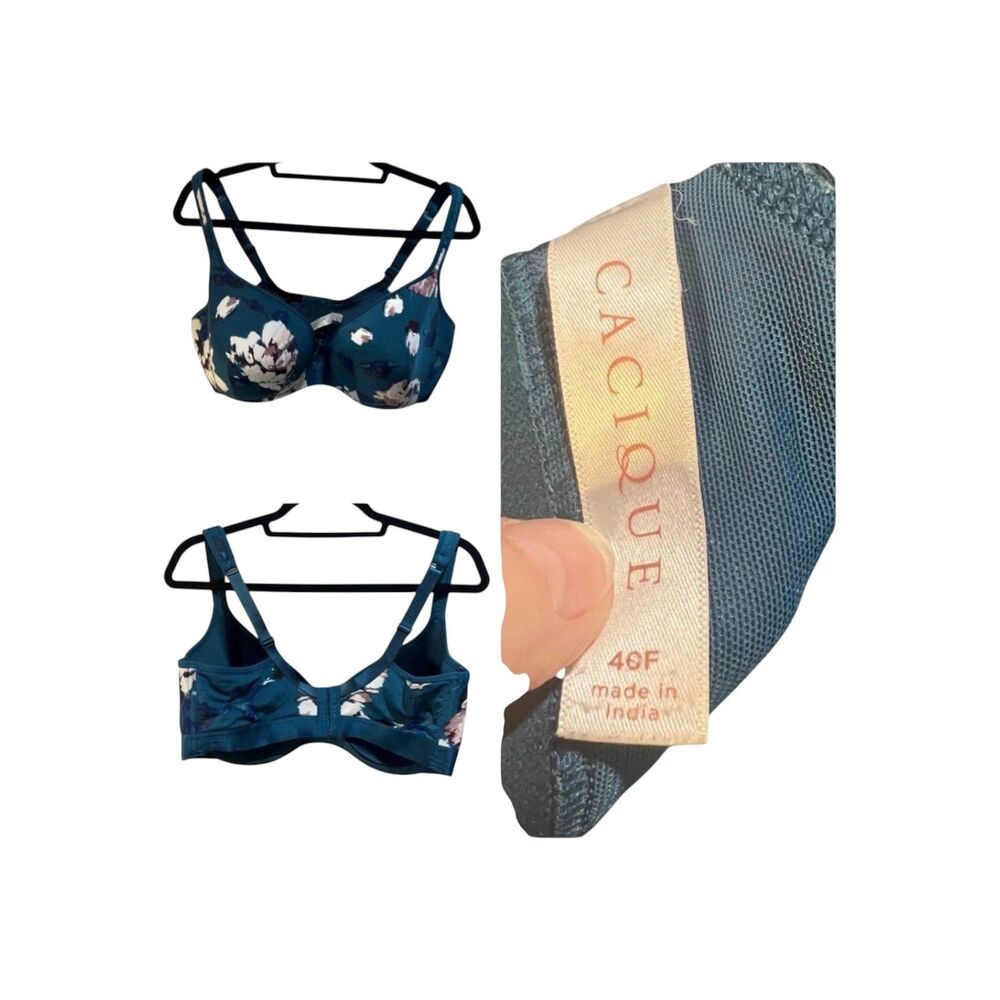 Cacique Lightly Line Balconette Bra Dark Teal Blue with Florals Size 40F